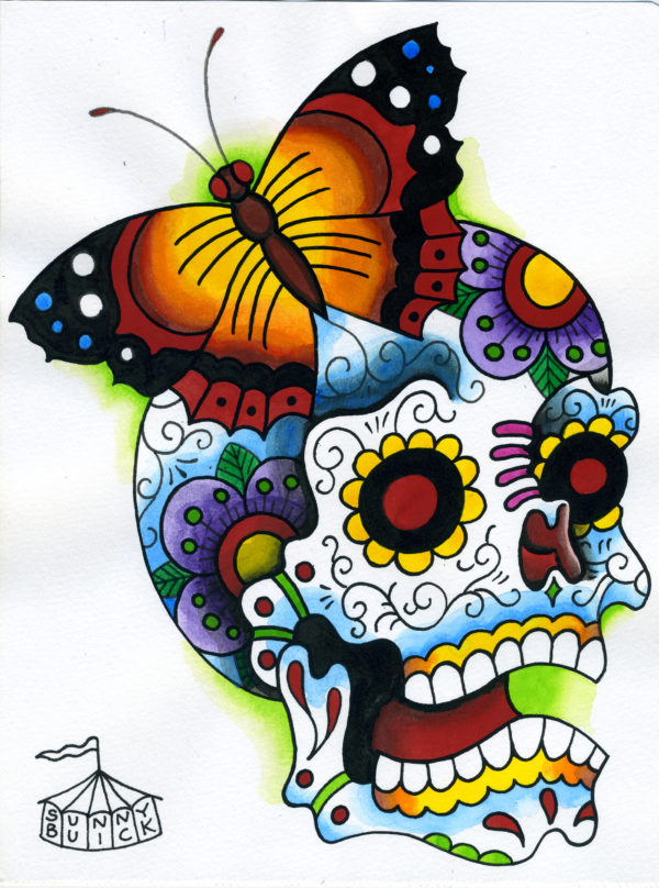 Sugar Skull Butterfly Watercolor Framed